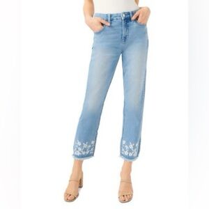 Jen7 by 7 For All Mankind Embroidered Ankle Skinny Jean Blue Floral Hem Raw Crop